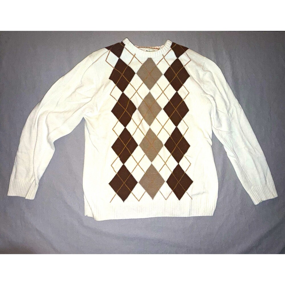 Haggar Men's Argyle Crew Neck Knit Pullover Sweater Long Sleeve L White